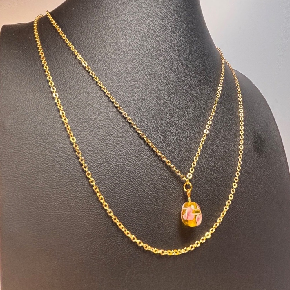 Multi Strand Layered Necklace Gold Yellow Pink Floral Art Glass Boho Statement